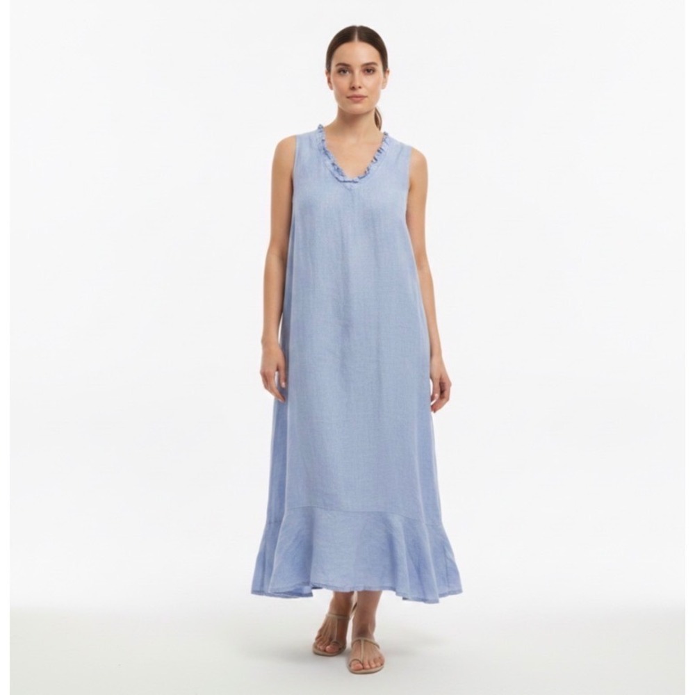 Francesca Bettini Linen Midi Dress Womens M Blue Ruffle Hem Made in Italy 19A749